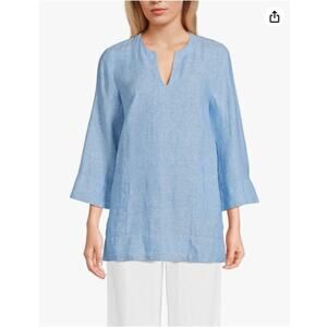 Lands End Linen Blend Tunic Top Blue Minimalist 3/4 Sleeve Sz L Coastal Workwear